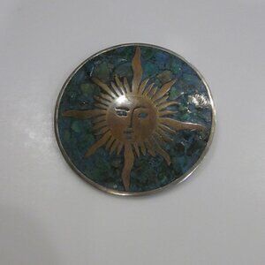 Sterling Silver & Turquoise Sun Pendant Brooch Vintage